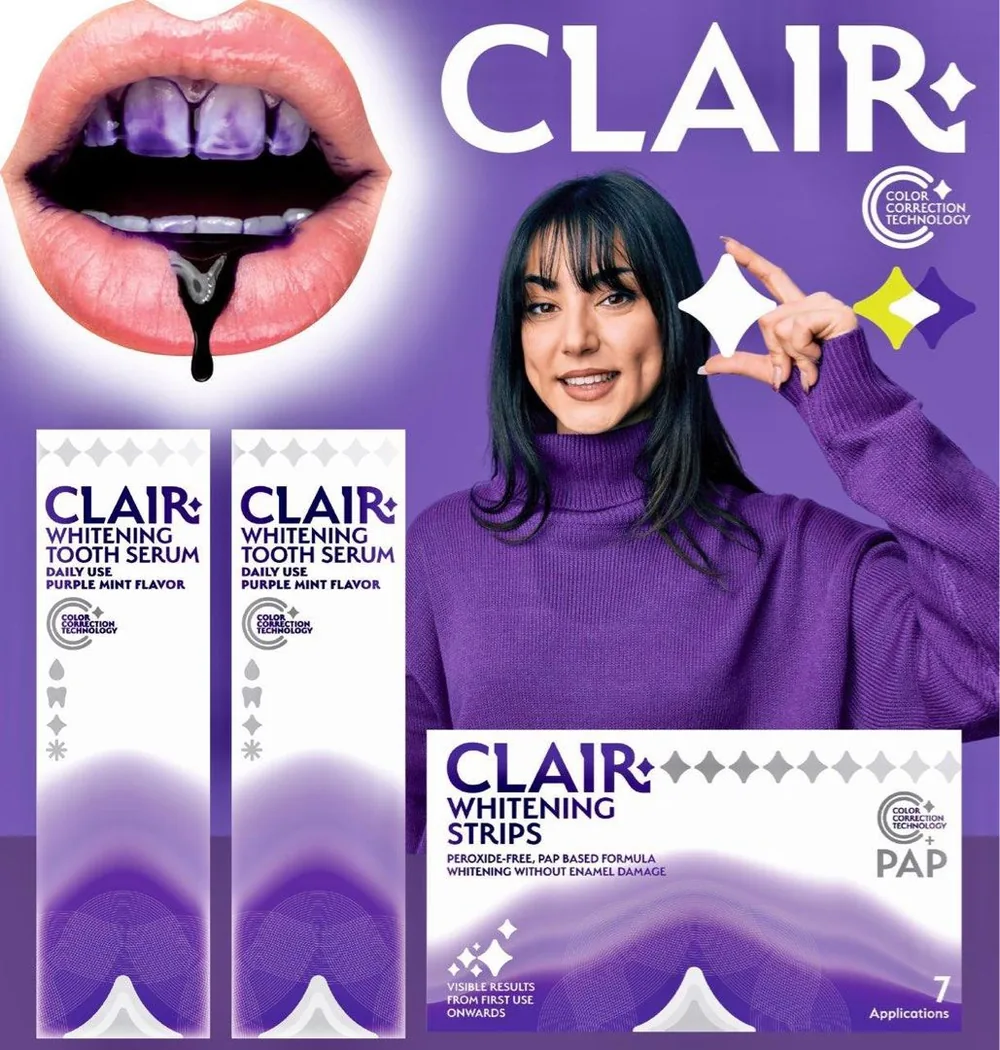 Clair whitening range — Whitening Tooth Serum and PAP-based Whitening Strips with Color Correction Technology