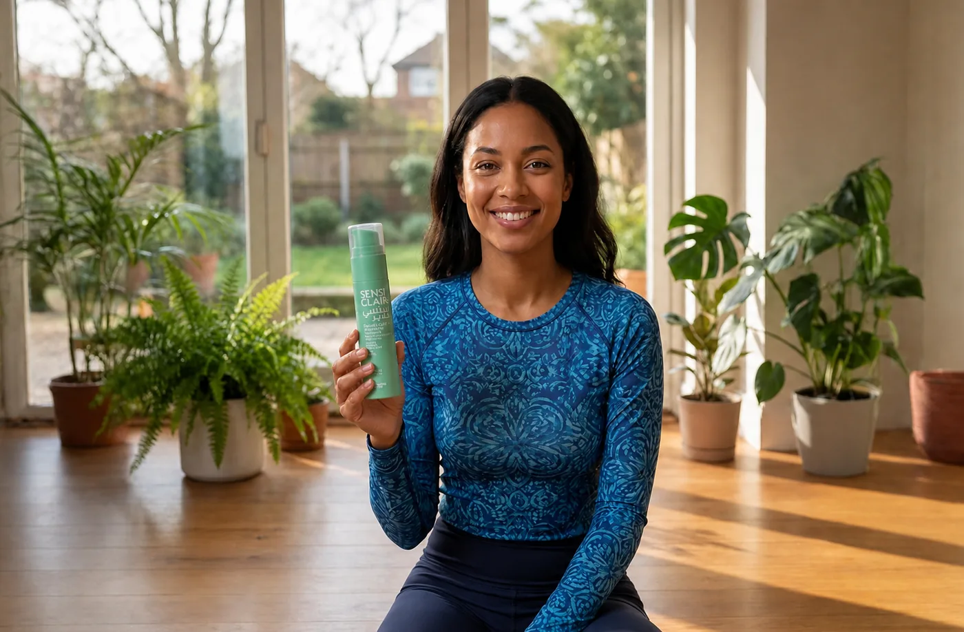 A woman at home holding a bottle of Clair SensiClair Enamel Care and Whitening toothpaste