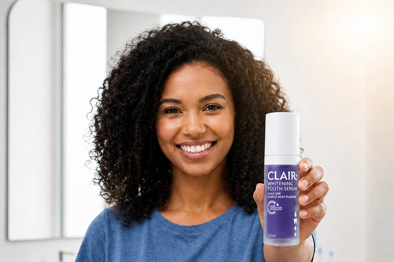 A woman in a bathroom holding up a 30 ml bottle of Clair Whitening Tooth Serum